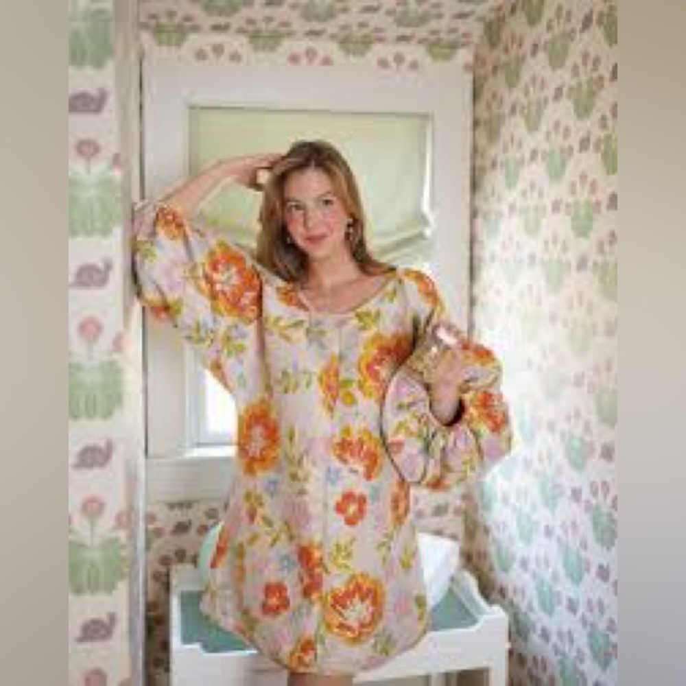 Arianne Cream Tunic Dress with Orange & Yellow Floral Print